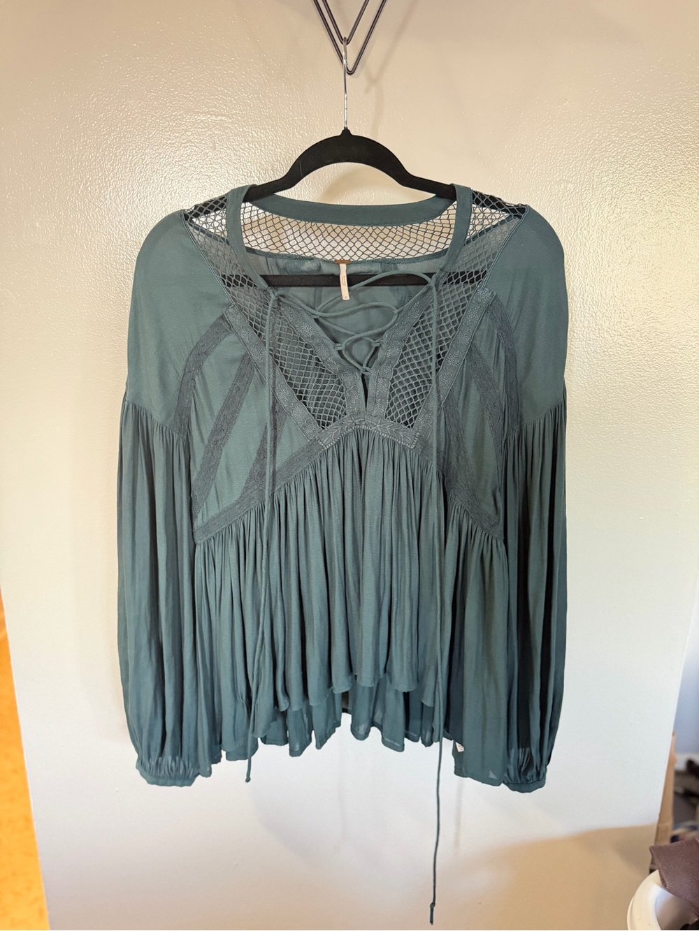 Free People Forest Green Lace-Up Mesh Blouse